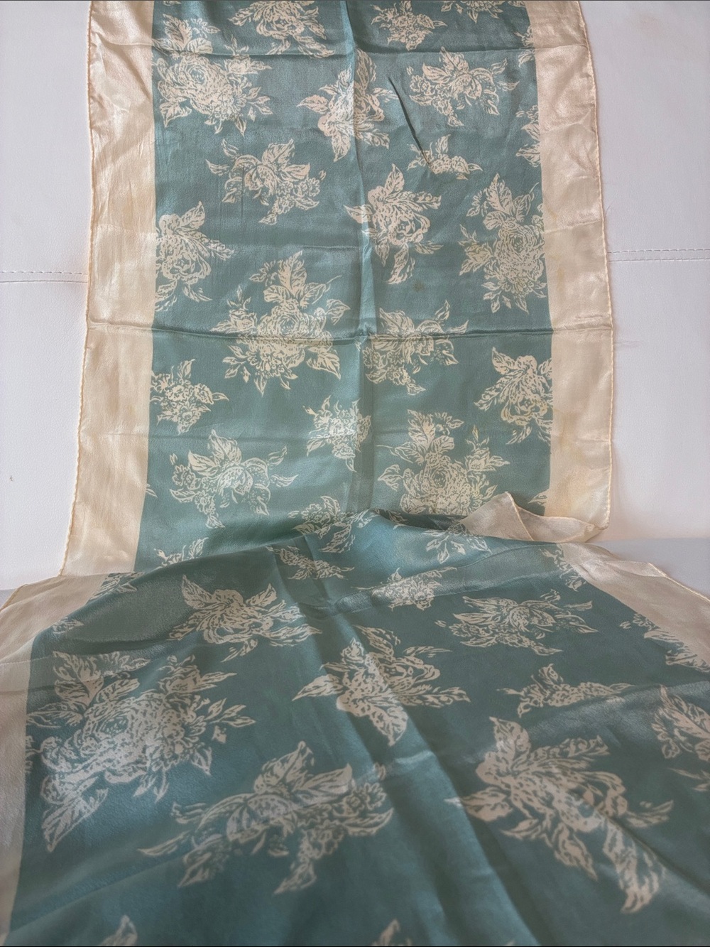 Albert Nipon 100% Silk Sage and Cream Floral Scarf Wrap - Made in Japan